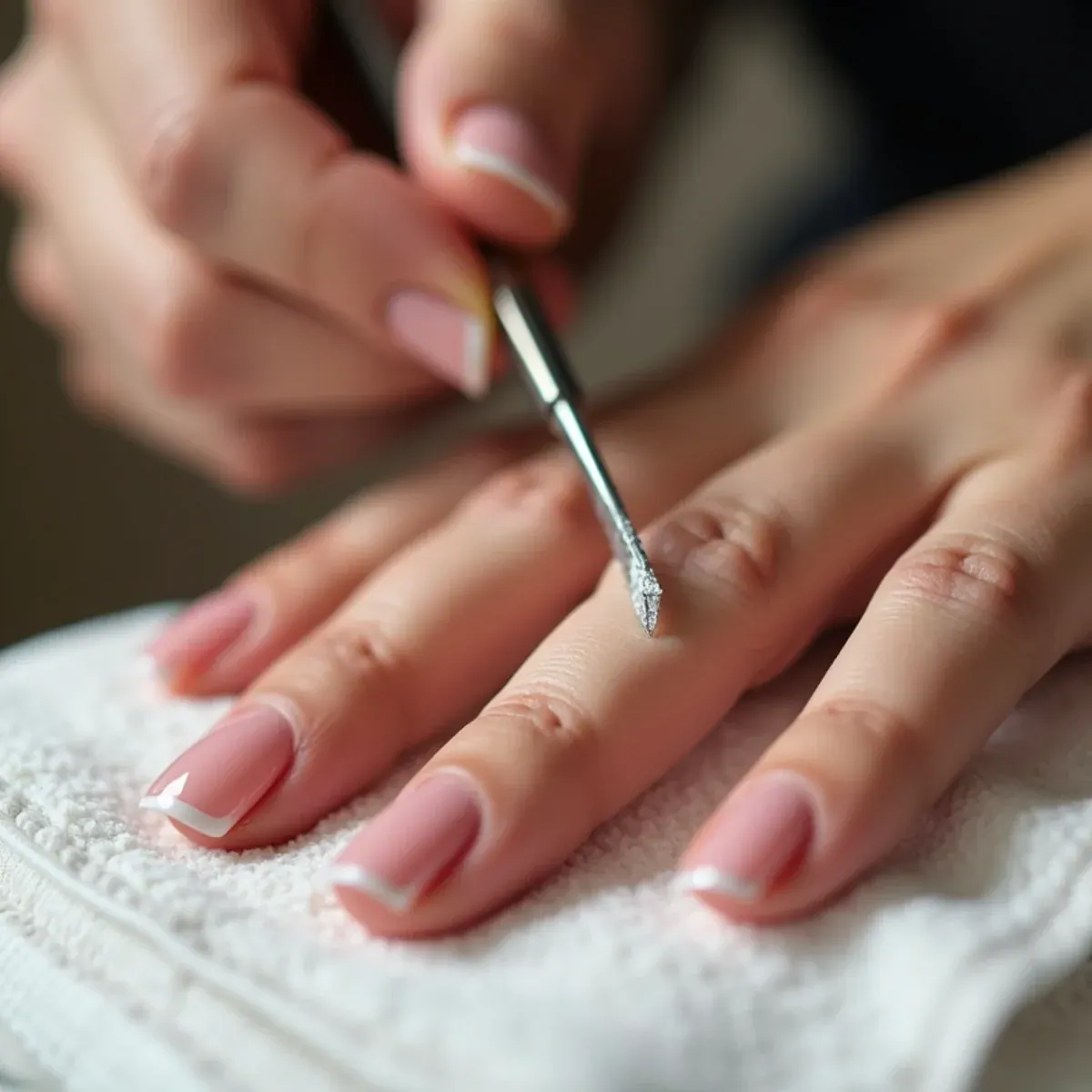 Filing and refining the shape of an acrylic nail set at a Bradenton nail salon