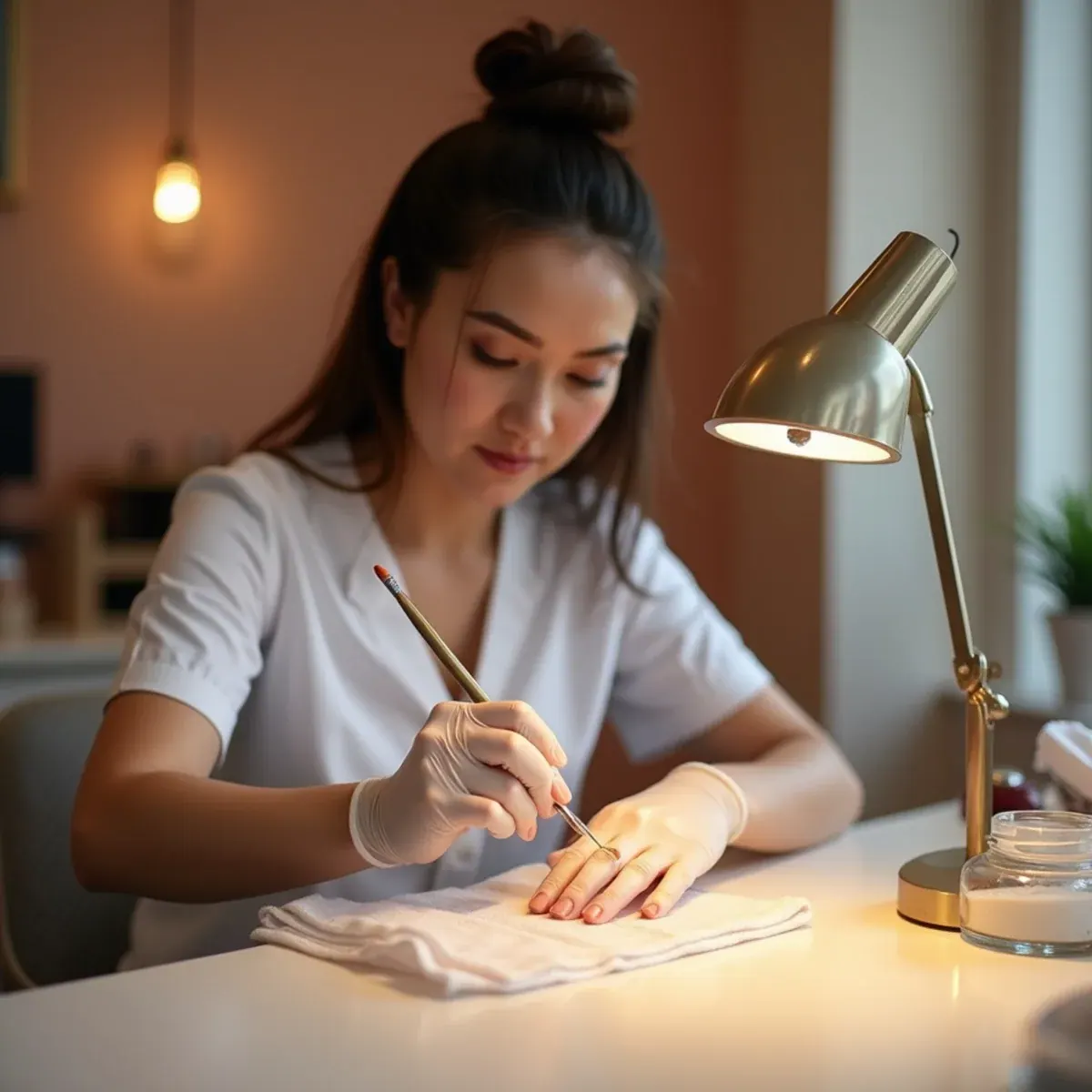 Nail technician sculpting an acrylic full set for a client at L.A Nails in Bradenton, FL