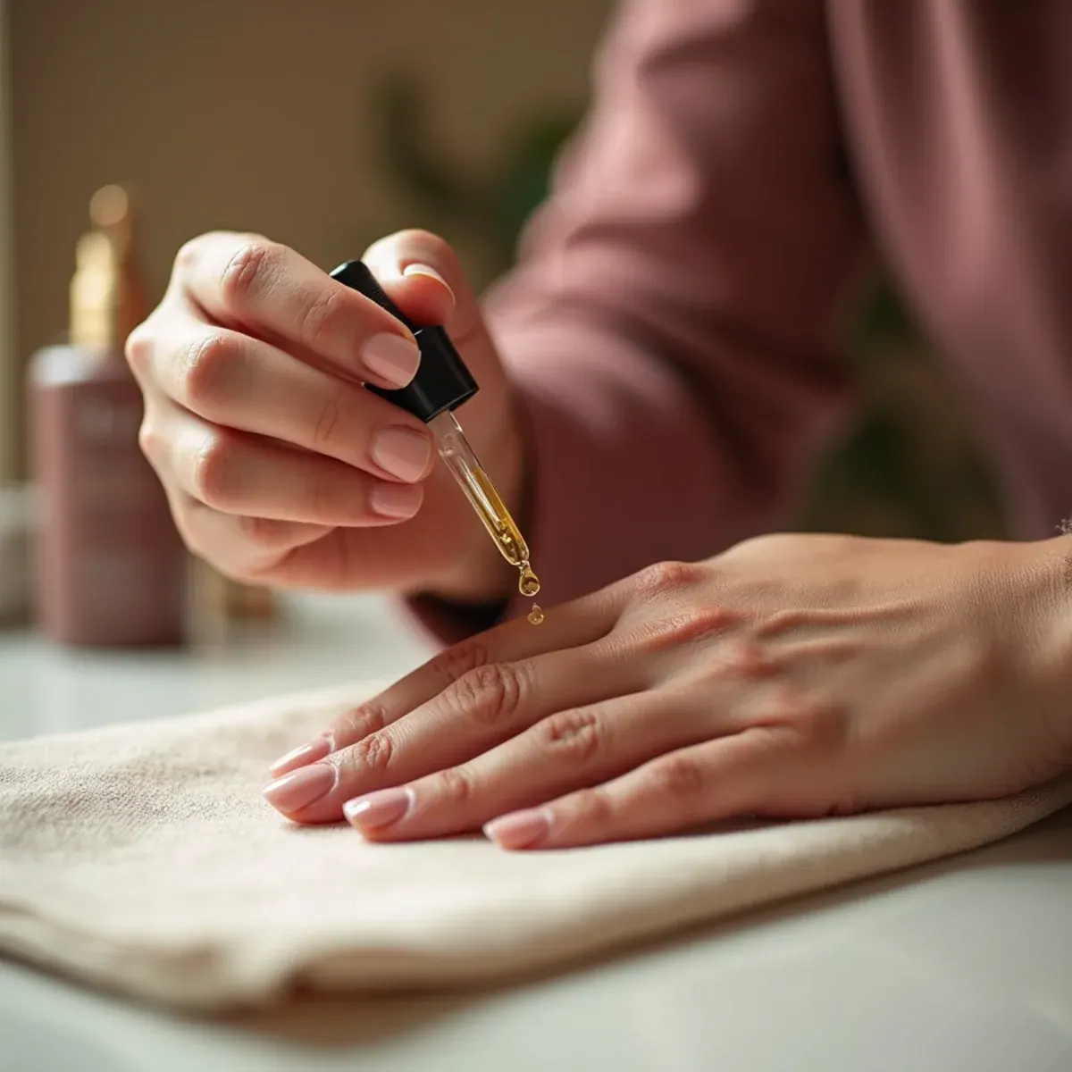 Applying cuticle oil to a gel manicure at night to extend its wear