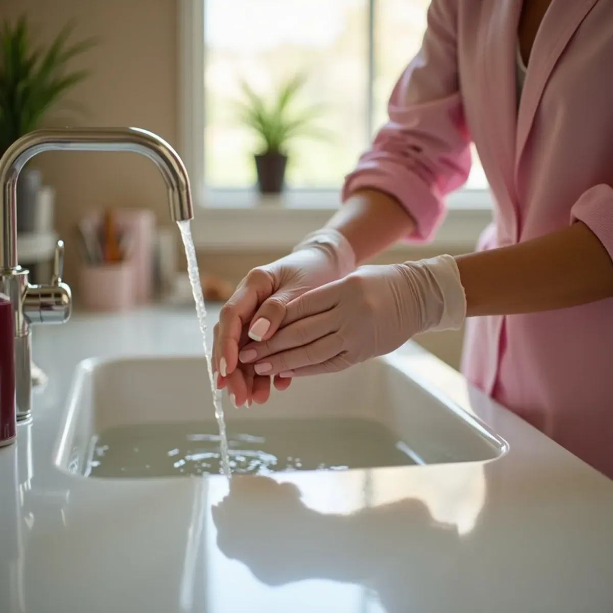 Wearing rubber gloves to wash up and protect a gel manicure