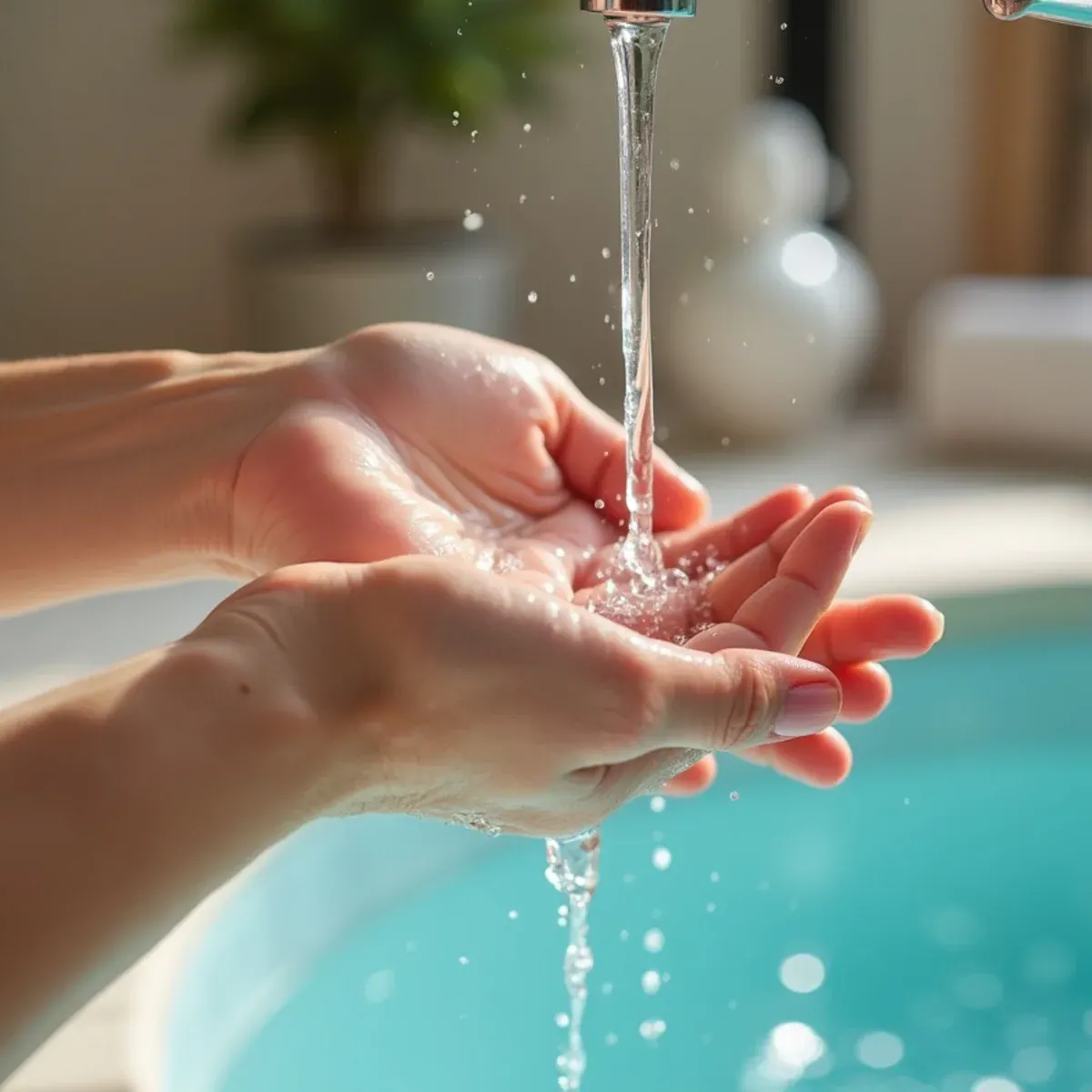 Rinsing gel-manicured hands in fresh water after swimming