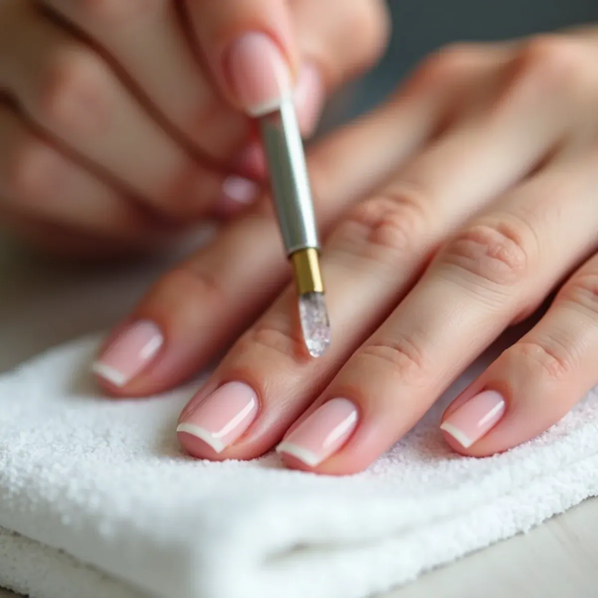 A slightly lifted gel edge filed flat rather than peeled off