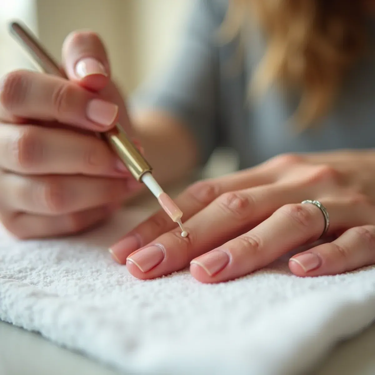 Nail technician applying a thin coat of gel polish to a client’s natural nail in Bradenton