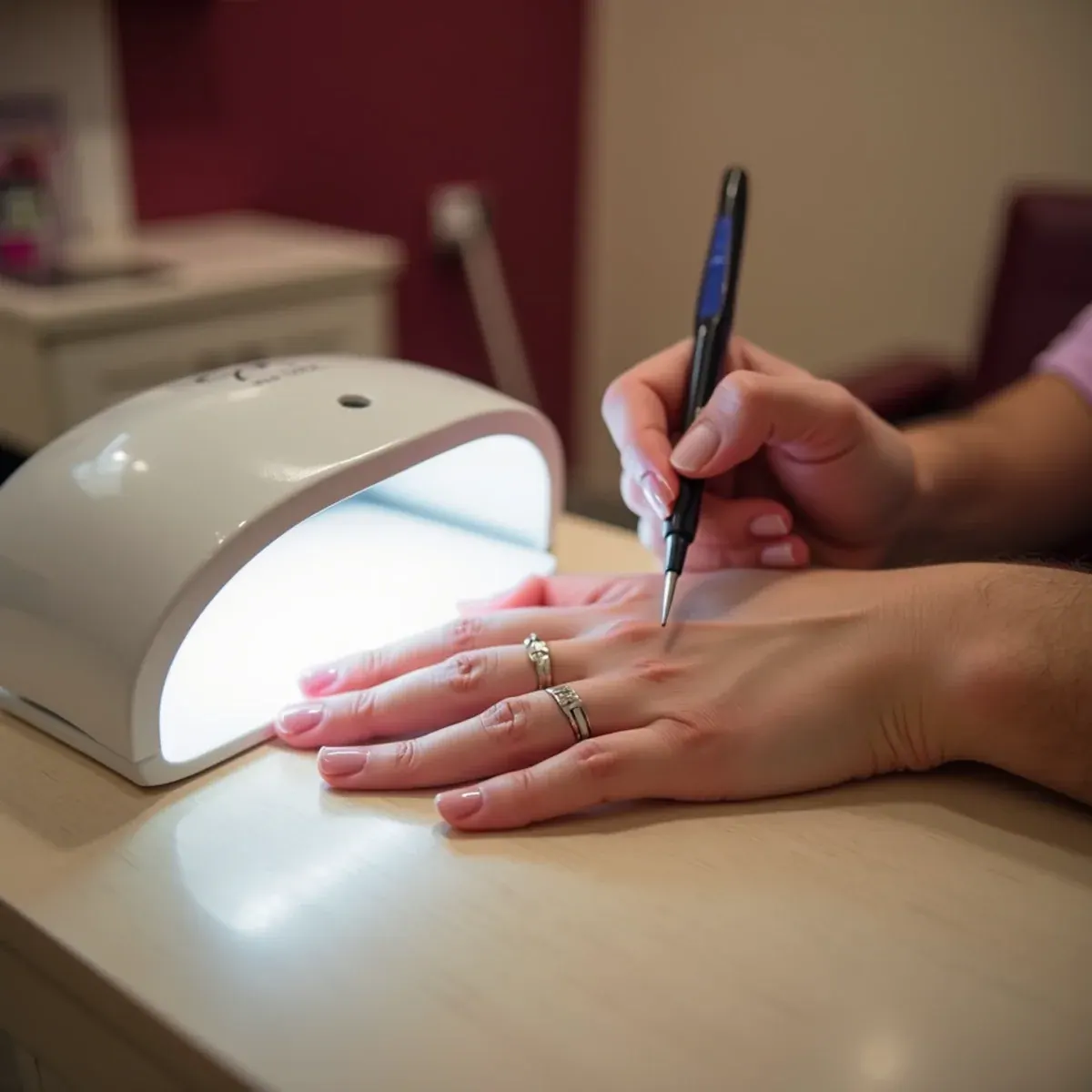 Gel polish being cured under an LED lamp during a gel manicure at L.A Nails in Bradenton, FL