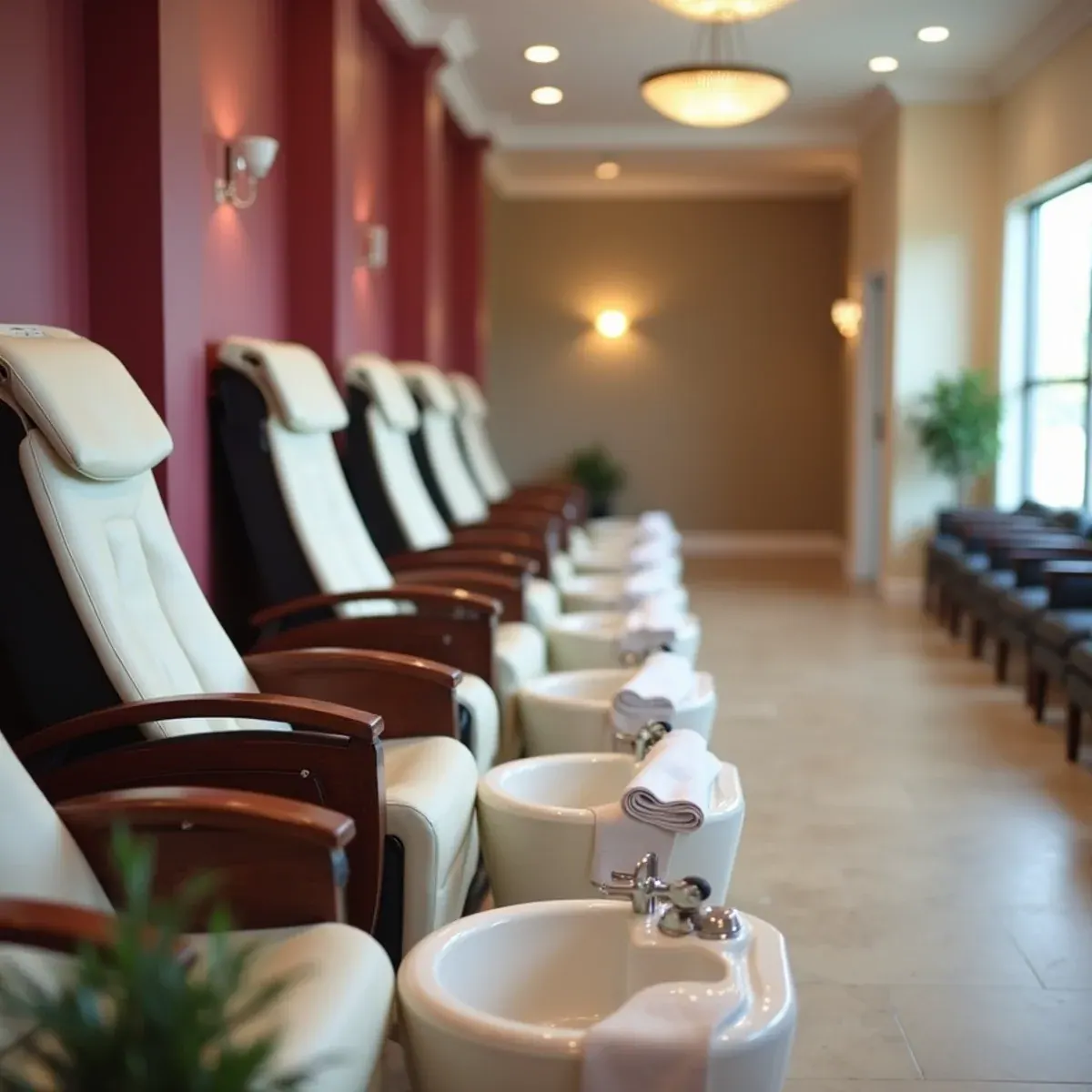 Interior of L.A Nails nail salon in South Bradenton, FL with manicure stations and pedicure chairs