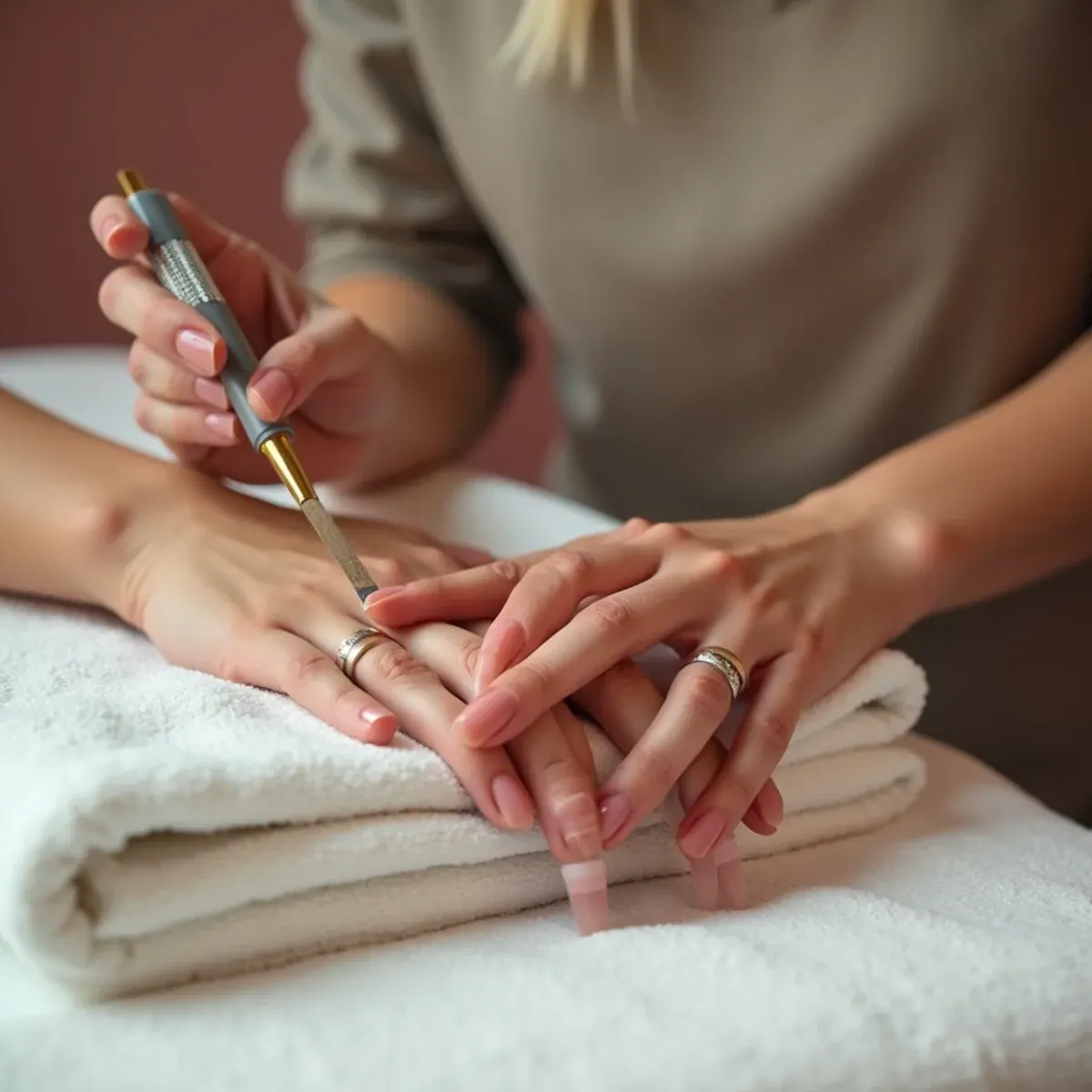 Nail technician at L.A Nails carefully shaping a client's nails in Bradenton, FL