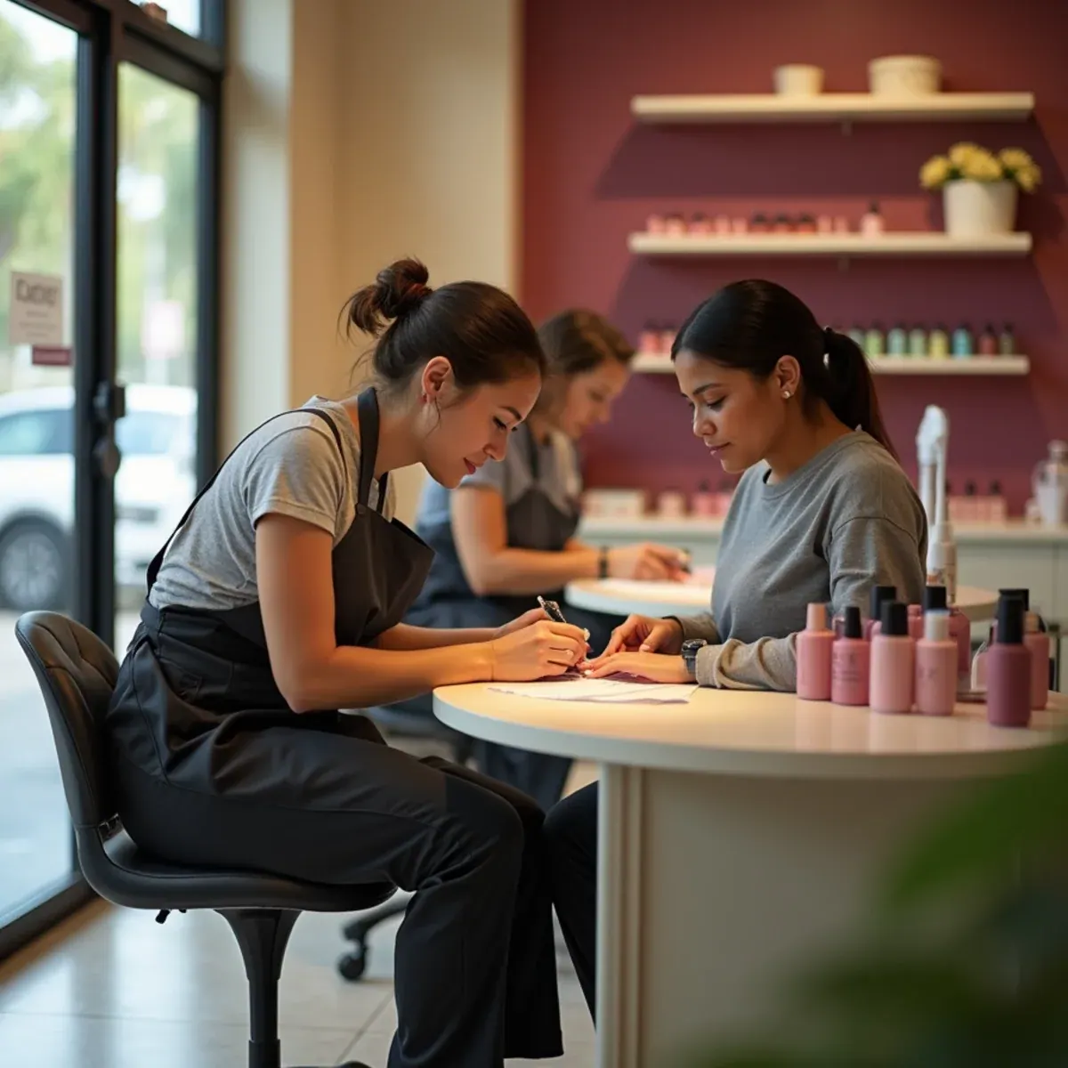 Nail technician working with a client inside L.A Nails, a nail salon in South Bradenton, FL