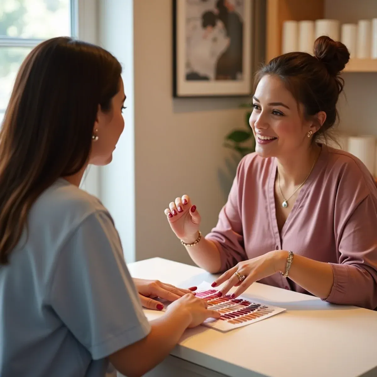 Client and technician discussing nail length and shape options at a Bradenton, FL nail salon