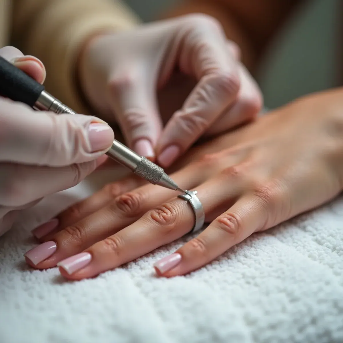 Nail technician repairing a single cracked acrylic nail at a Bradenton, FL salon