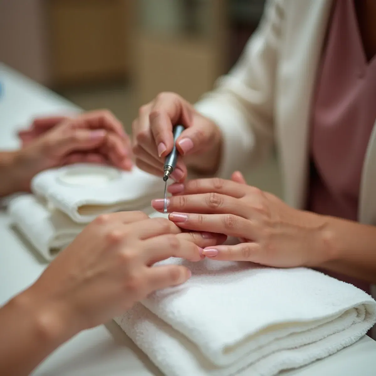 Nail technician performing a classic manicure on a client at L.A Nails in Bradenton, FL