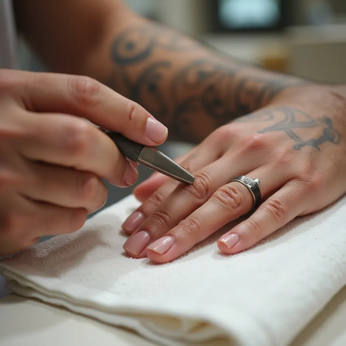 Men's manicure nail shaping and cuticle care at a Bradenton nail salon