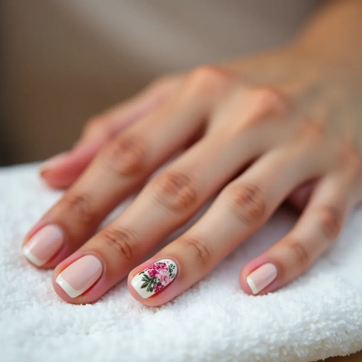 Close-up of hand-painted floral nail art on an accent nail at a Bradenton nail salon