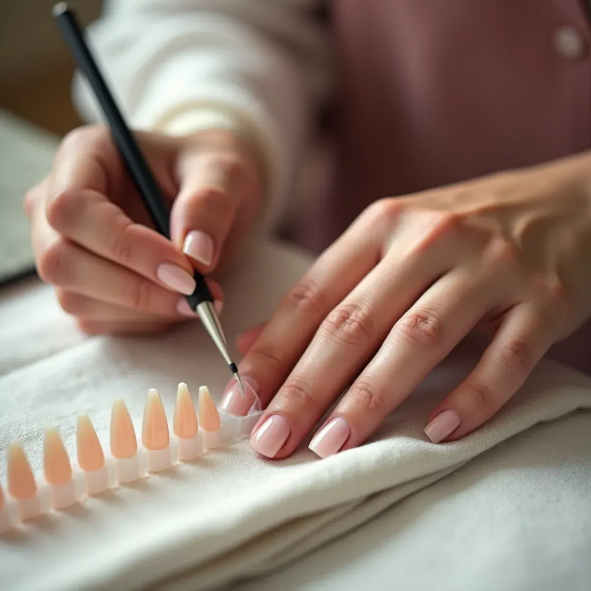 Nail technician sizing full-coverage gel extension tips to a client’s nail beds in Bradenton