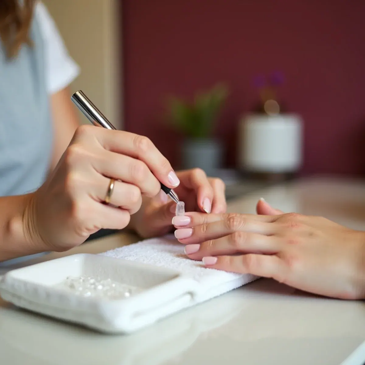 Soft gel nail extension tip being fitted to a client’s nail at L.A Nails in Bradenton, FL