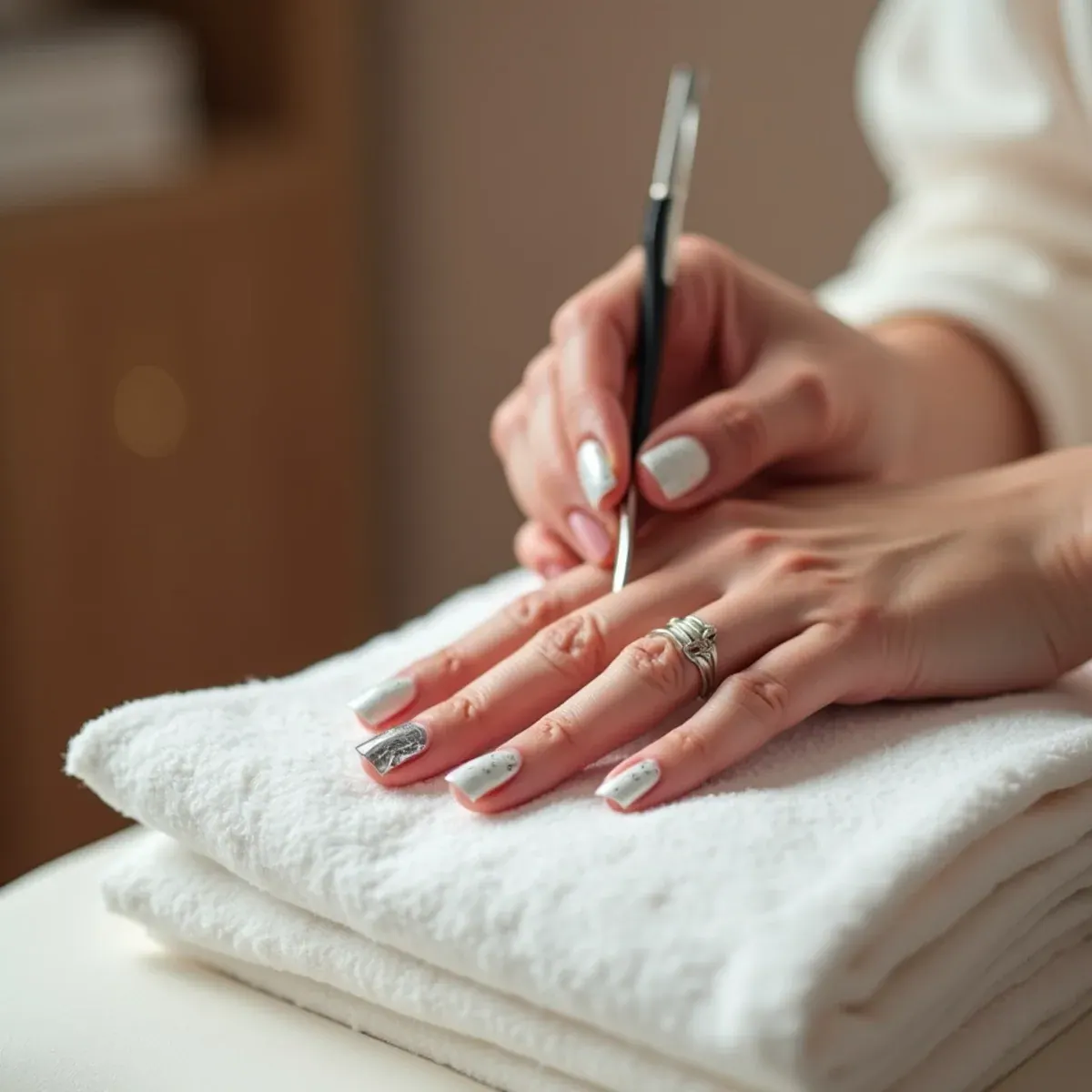 Gel polish being removed by acetone soak-off wrap at a Bradenton nail salon