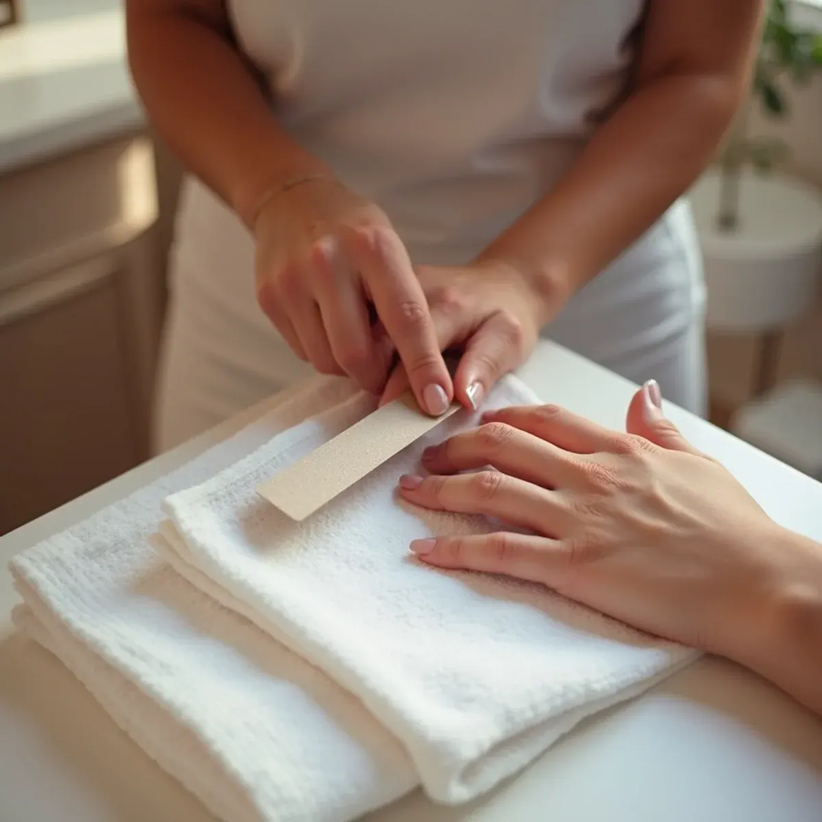 A brand new single-use nail file opened in front of the client