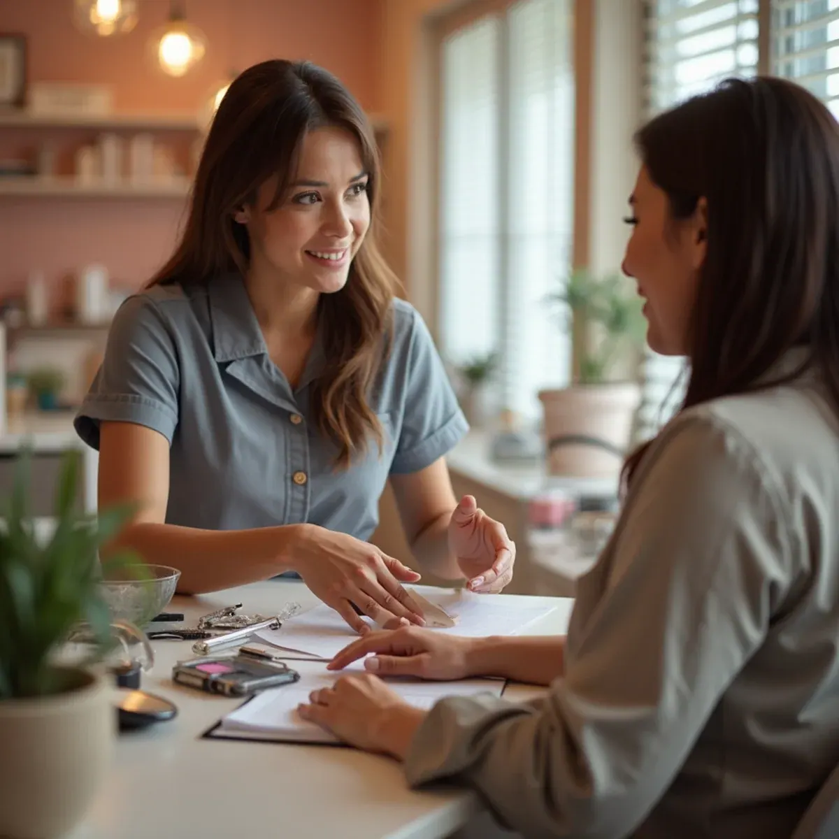 A nail technician answering a client question about salon sanitation