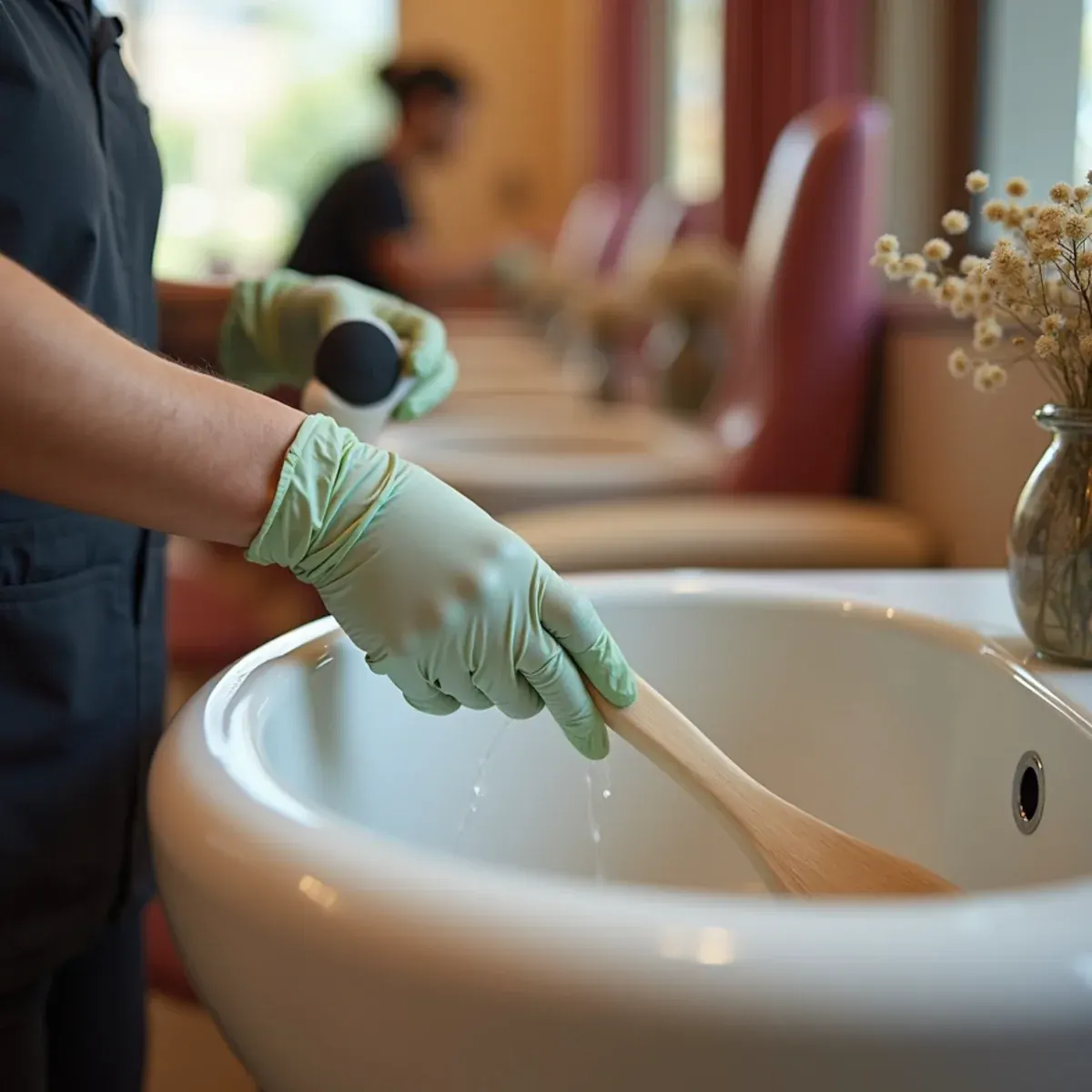 A pedicure basin being drained and scrubbed between clients