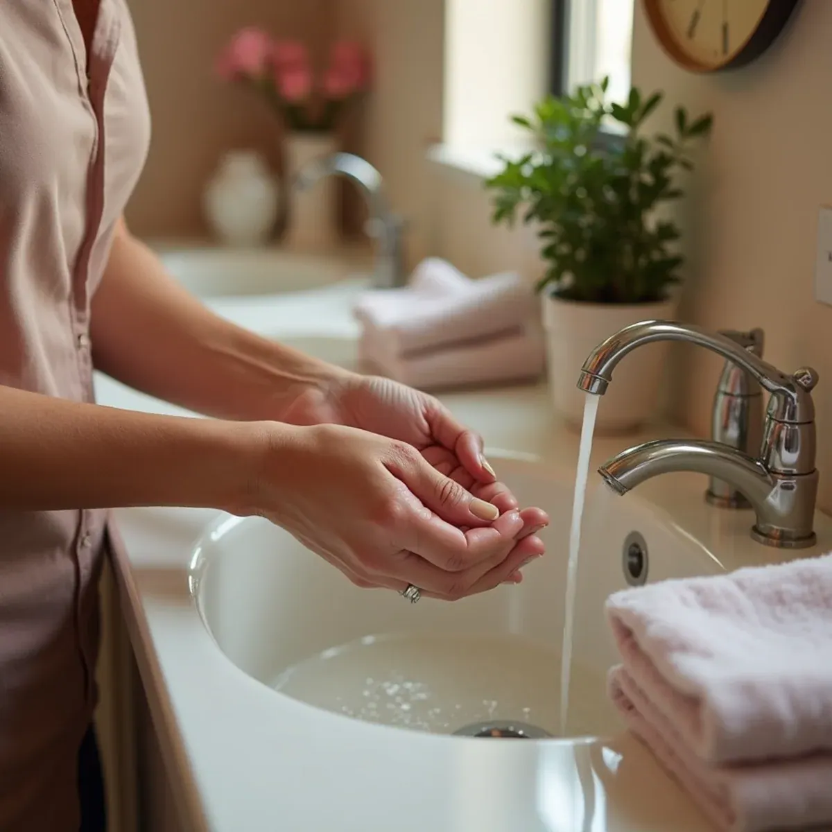 A nail technician washing their hands at a sink between clients