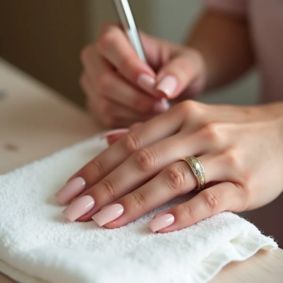 Coffin or ballerina nail shape with tapered sides and a flat tip