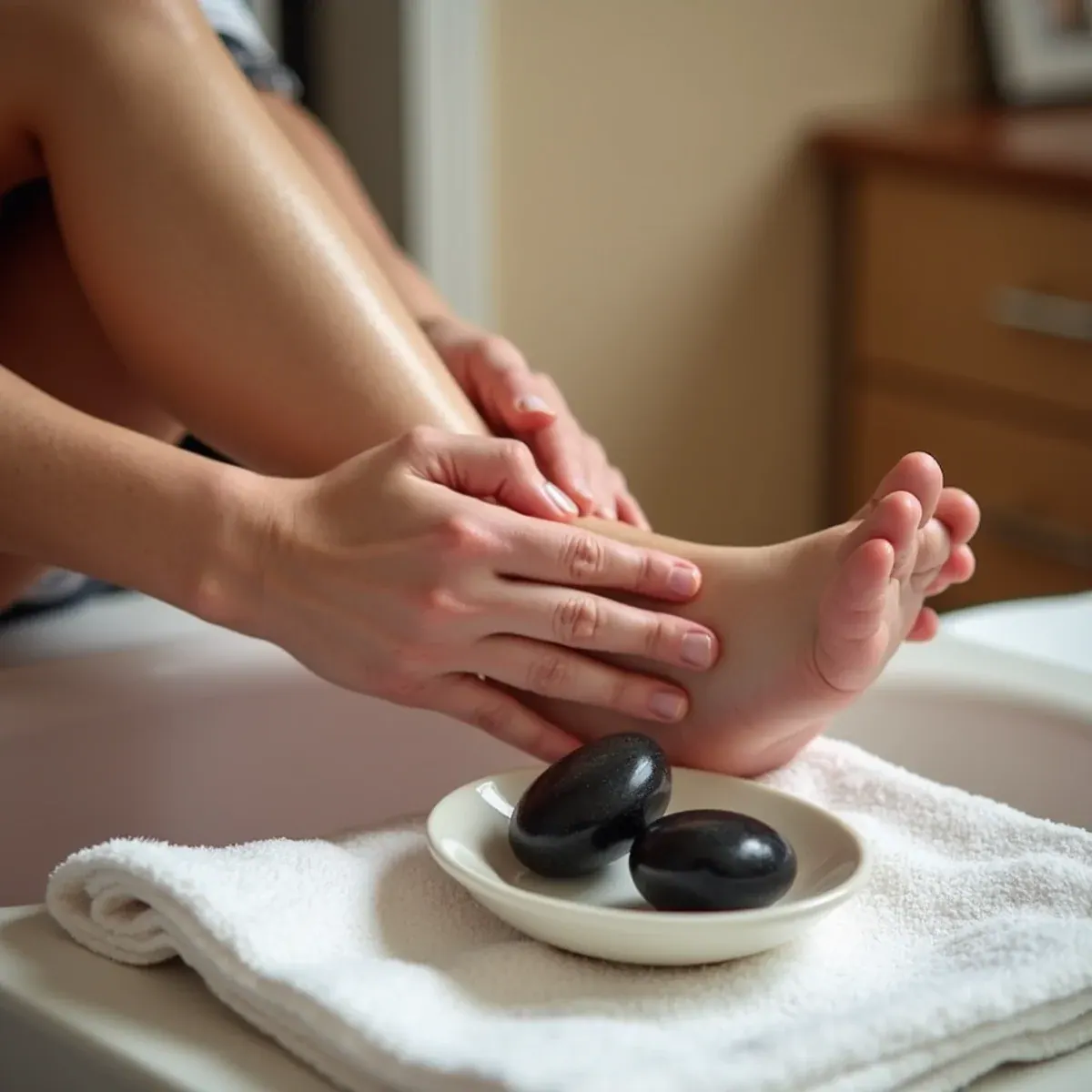 Nail technician giving a hot-stone foot massage during a spa pedicure in Bradenton