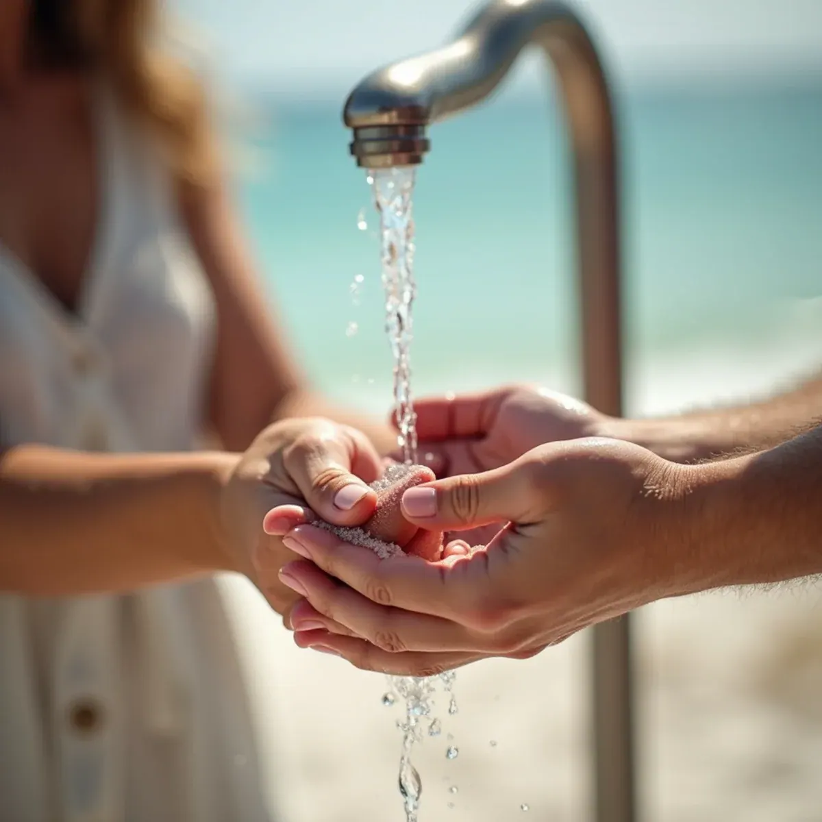 Hands with gel nails rinsing in fresh water after swimming near Bradenton, FL